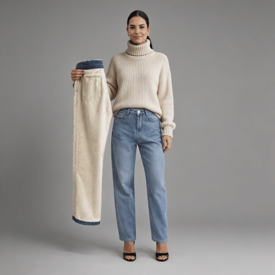 Calça Jeans Wide Leg Feminina Peluciada Forglows + Meia Térmica