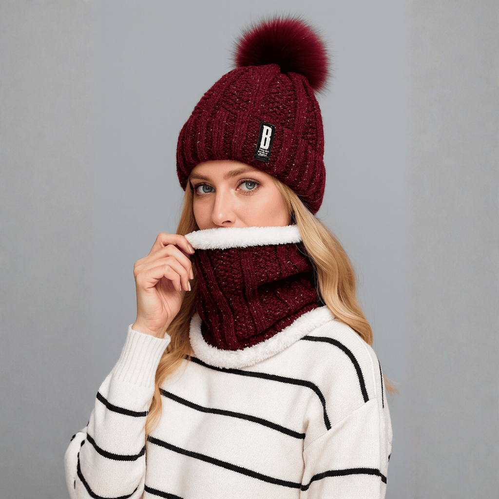 Conjunto Feminino Gola e Touca de Tricô Forrada com Pelúcia Forglows