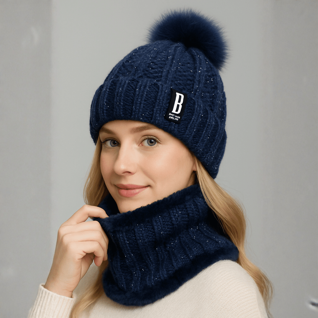Conjunto Feminino Gola e Touca de Tricô Forrada com Pelúcia Forglows