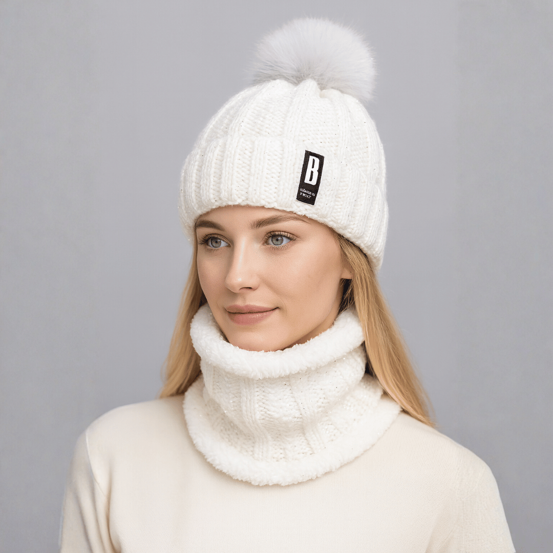 Conjunto Feminino Gola e Touca de Tricô Forrada com Pelúcia Forglows