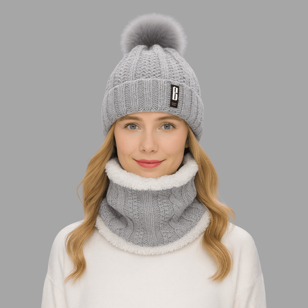 Conjunto Feminino Gola e Touca de Tricô Forrada com Pelúcia Forglows