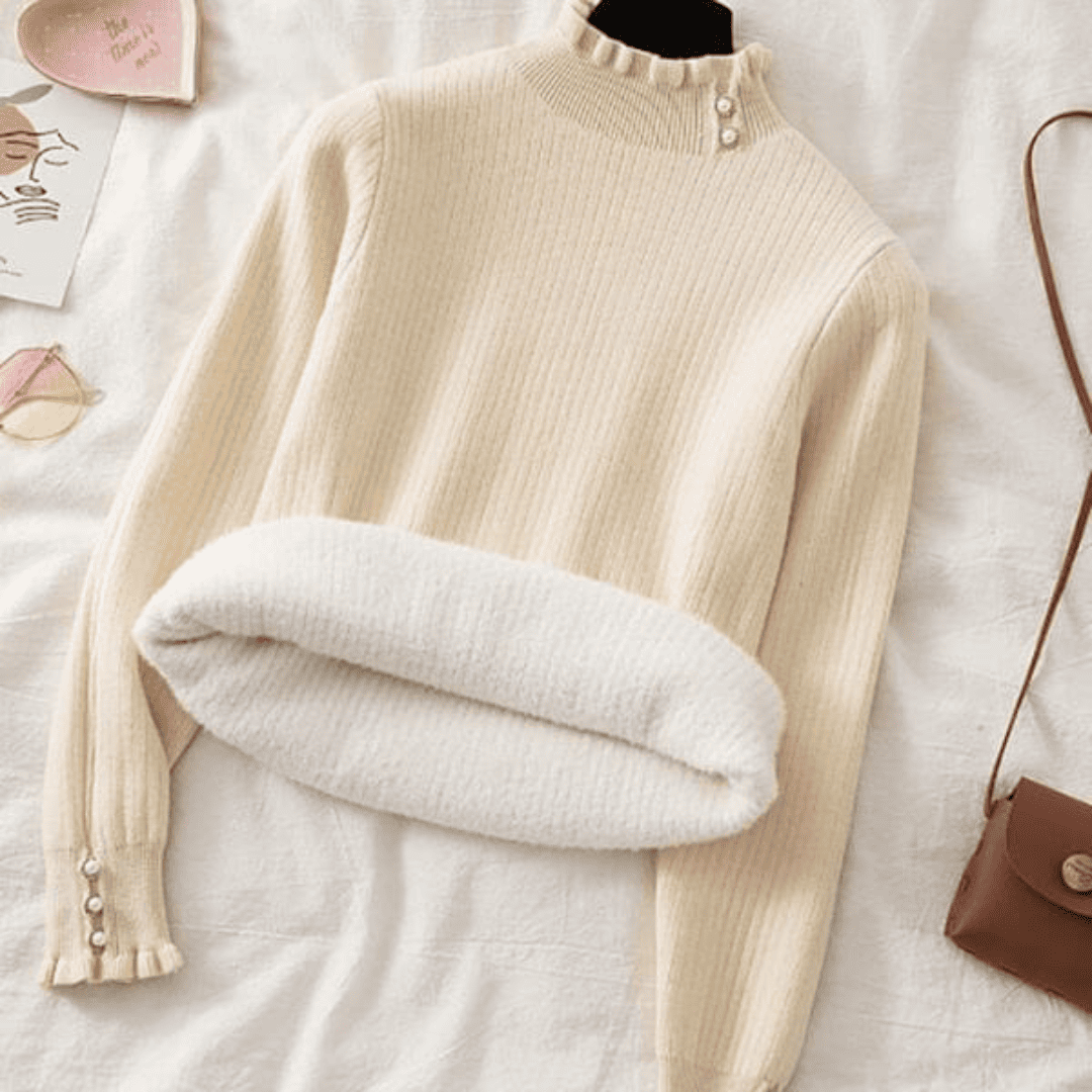 Suéter Feminino Cashmere Canelado com Botões Perolados Forglows