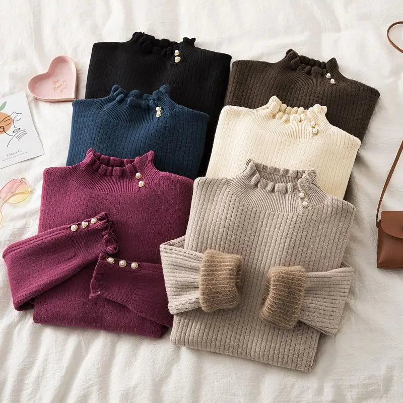 Suéter Feminino Cashmere Canelado com Botões Perolados Forglows