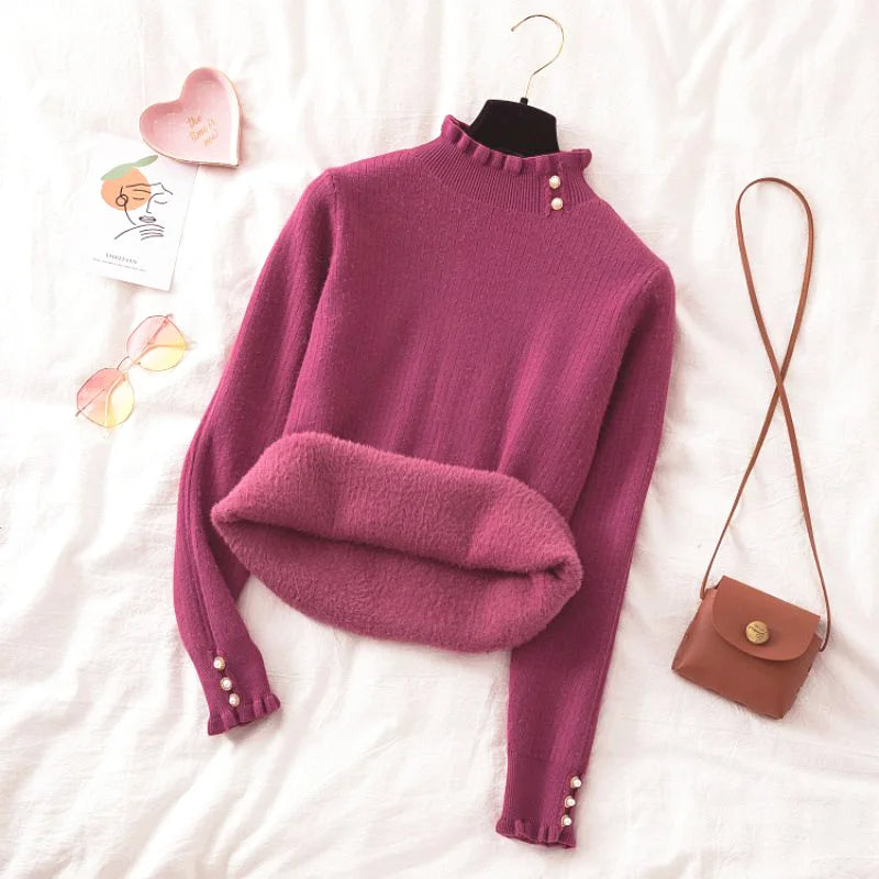 Suéter Feminino Cashmere Canelado com Botões Perolados Forglows