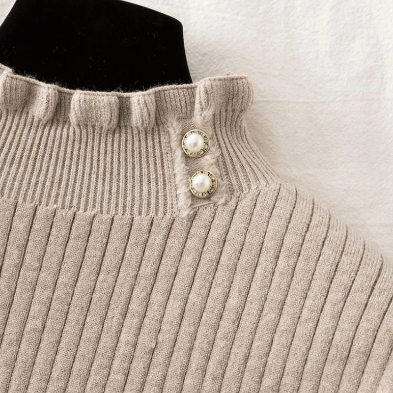 Suéter Feminino Cashmere Canelado com Botões Perolados Forglows