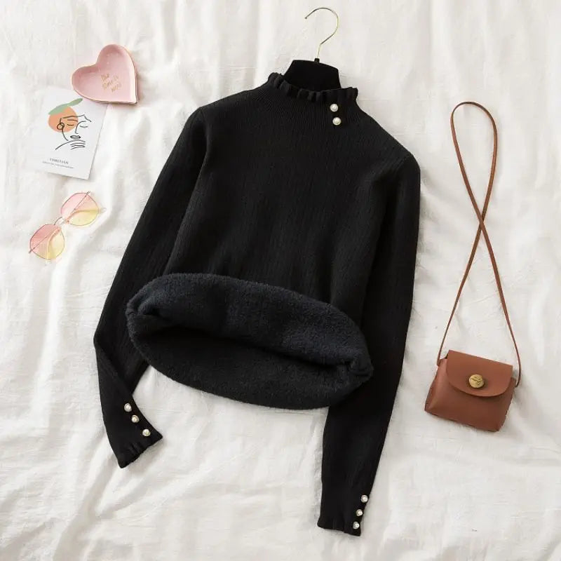 Suéter Feminino Cashmere Canelado com Botões Perolados Forglows