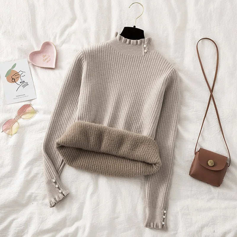 Suéter Feminino Cashmere Canelado com Botões Perolados Forglows