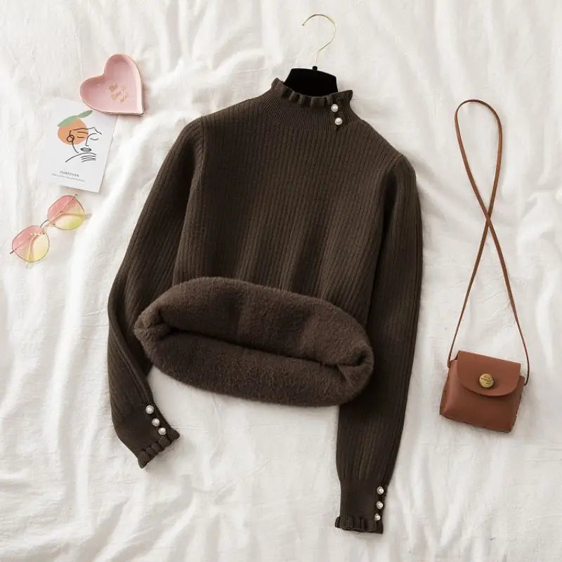Suéter Feminino Cashmere Canelado com Botões Perolados Forglows