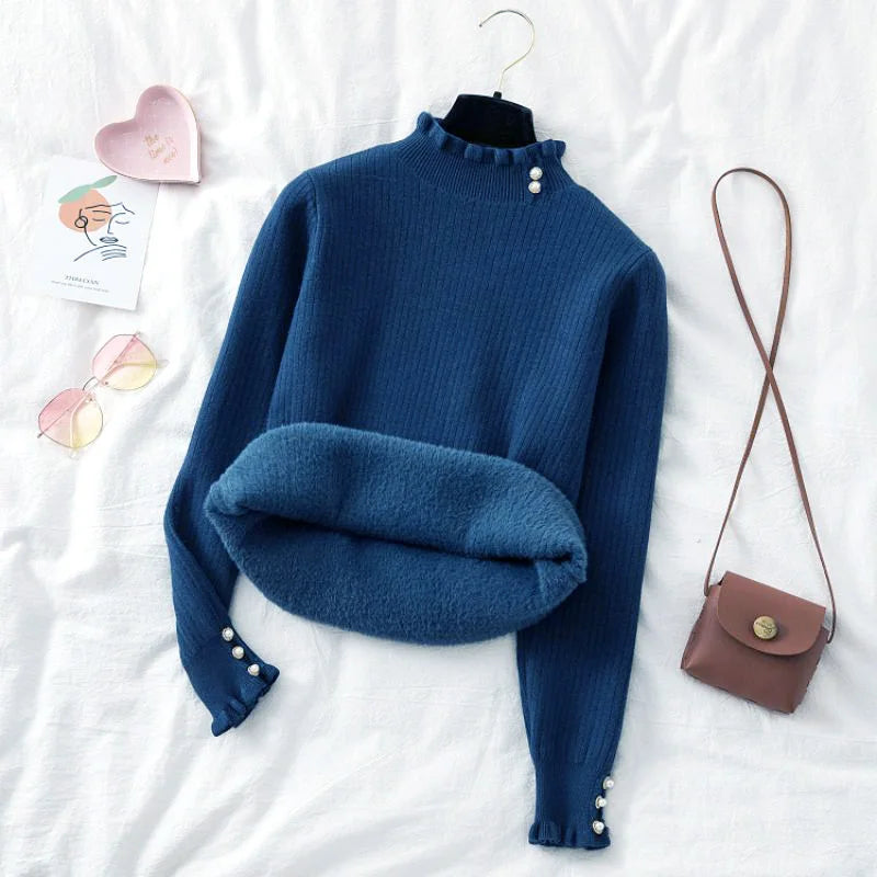 Suéter Feminino Cashmere Canelado com Botões Perolados Forglows